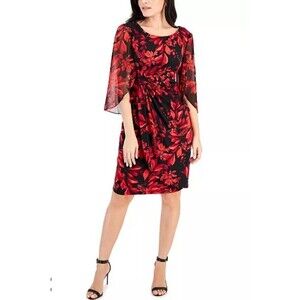 Connected Apparel Floral Print Cape Sleeve Sheath Dress Red Black Size 10 Petite